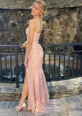 Emma | Light Pink Yellow Lace Mermaid Corset Backless Strapless Formal Dress with Slit - Light Pink - PromDressClub